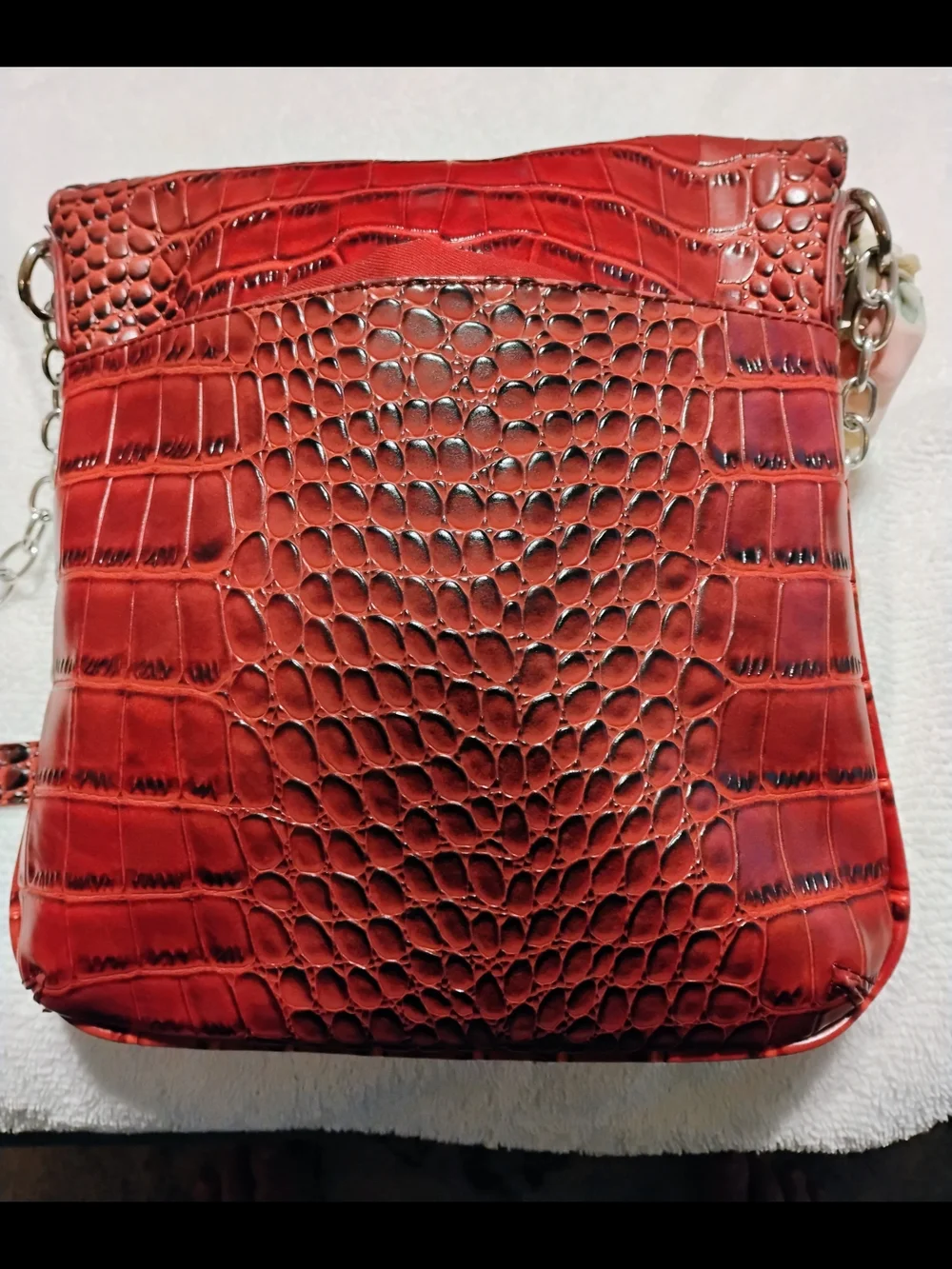 Red Croc-Embossed  Faux Leather Crossbody Bag with Floral Scarf